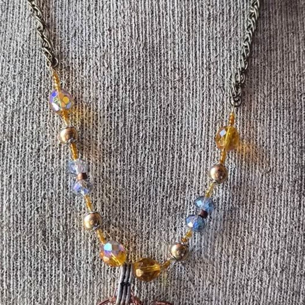 Handmade Abstract Copper Pendant Necklace | Amber Mixed Beads